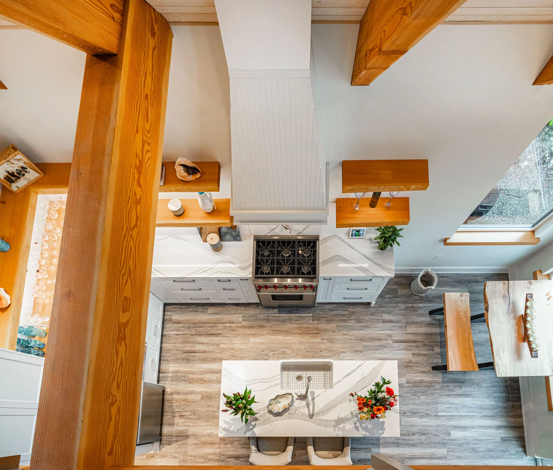 An aerial view of a professionally cleaned kitchen. 